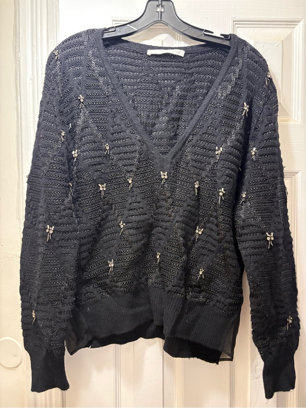 The moon Black V-Neck Embellished Knit Sweater